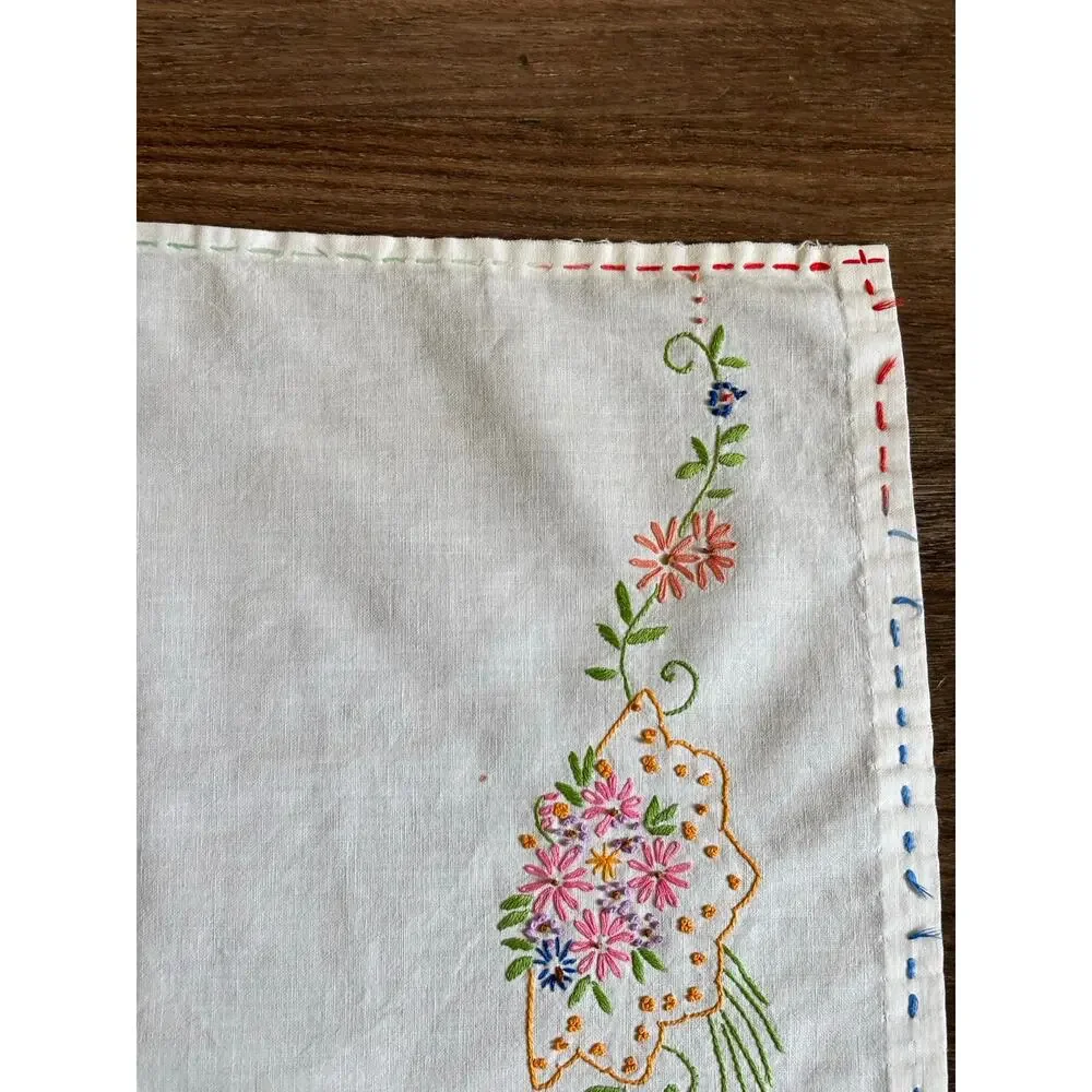 Vintage Rainbow Floral Embroidered Table Runner 50x16 Dresser Scarf Cottagecore